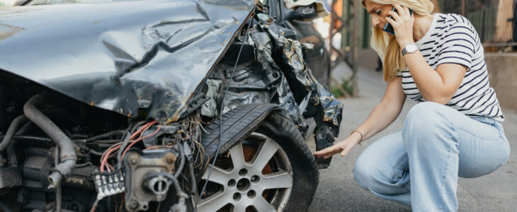 An adult woman stands outdoors, holding her mobile phone while looking down with concern. In the face of car damage and inconvenience due to a crash, she relies on wireless technology to communicate, listen for help, and overcome the imperfections of an unexpected roadside situation